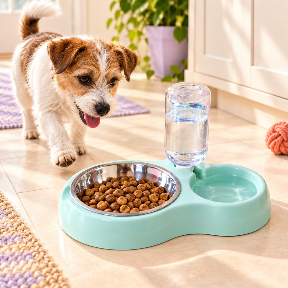 Stainless Steel Double Bowls with Automatic Water Feeder for Dogs and Cats