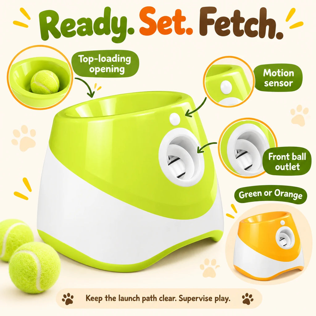 Automatic dog ball launcher feature guide showing the top-loading opening, front ball outlet, motion sensor and Green and Orange colors