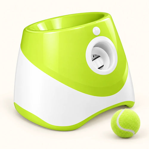 Green automatic dog ball launcher showing its open top funnel, white front outlet and motion sensor