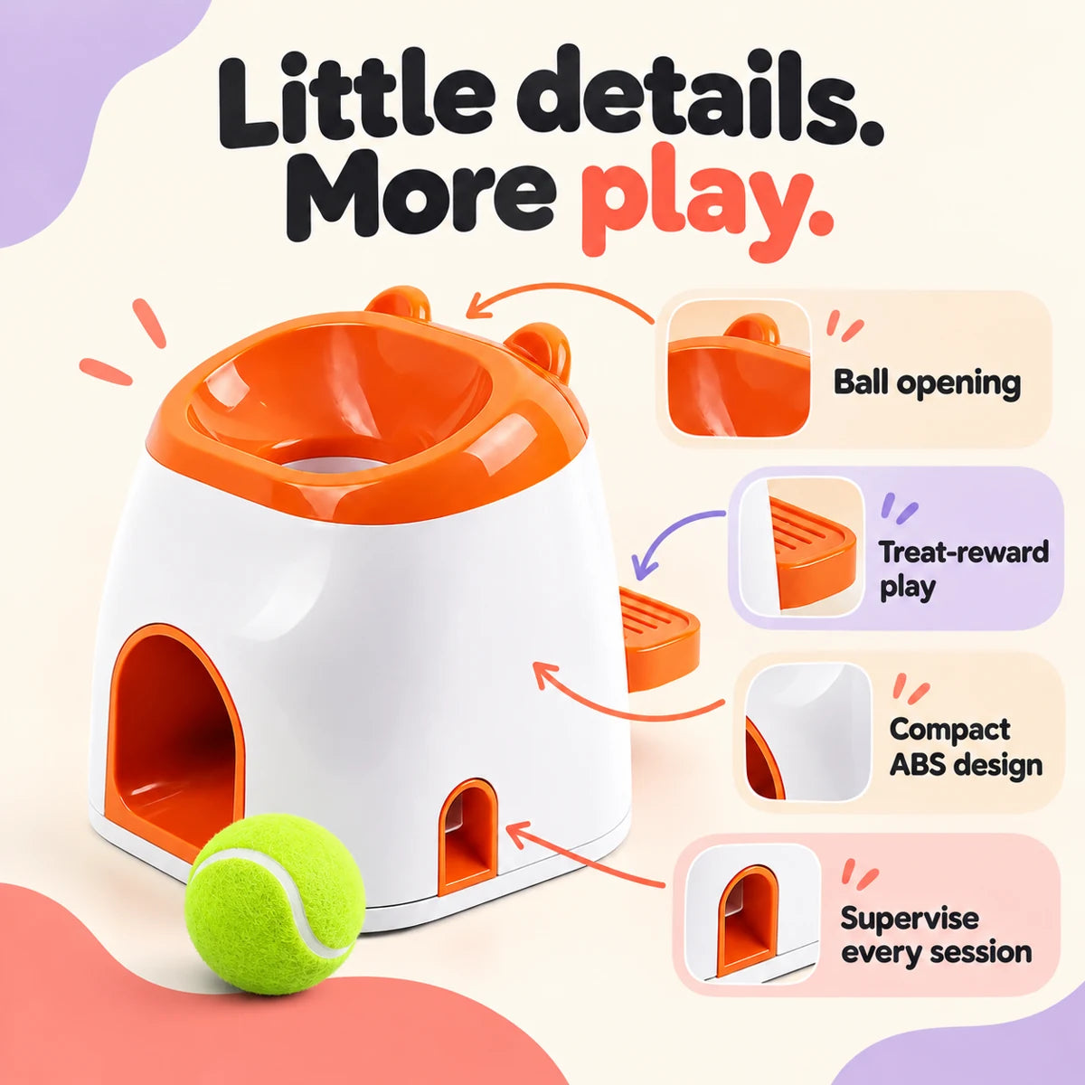 White and orange dog ball reward feeder with a visible green tennis ball with labeled product features