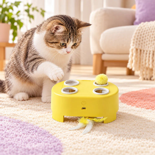 Yellow four-opening cat teaser box with ball and feather attachments in a supervised pet play scene