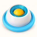 Blue and white rotating pet lick toy with yellow center ball on a clean off-white background