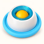 Blue and white rotating pet lick toy with yellow center ball on a clean off-white background