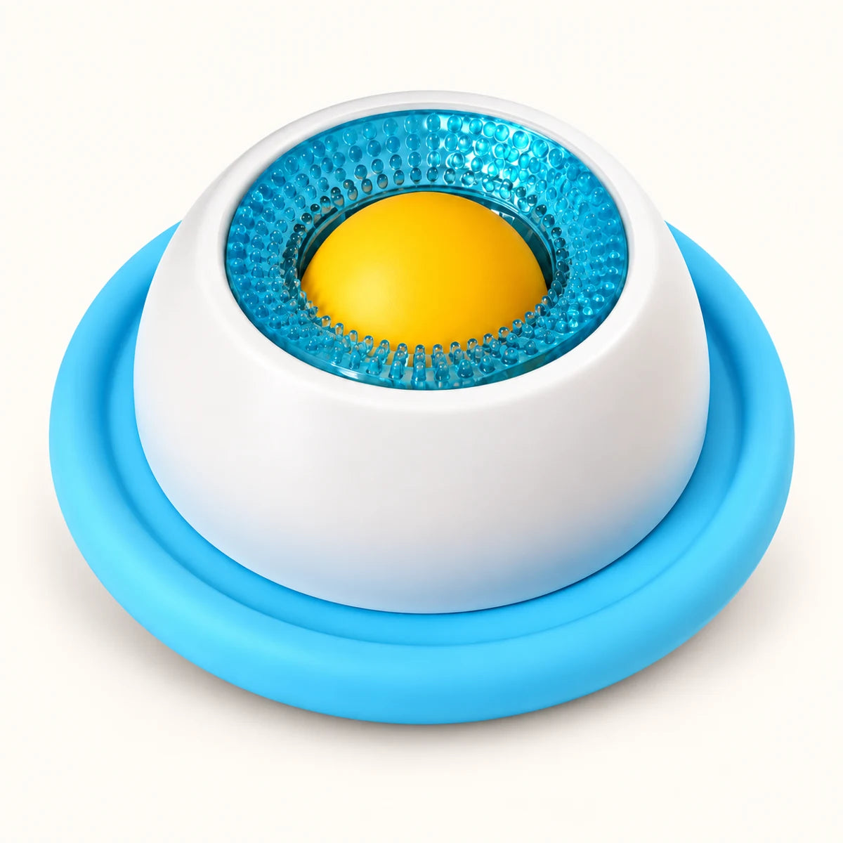 Blue and white rotating pet lick toy with yellow center ball on a clean off-white background