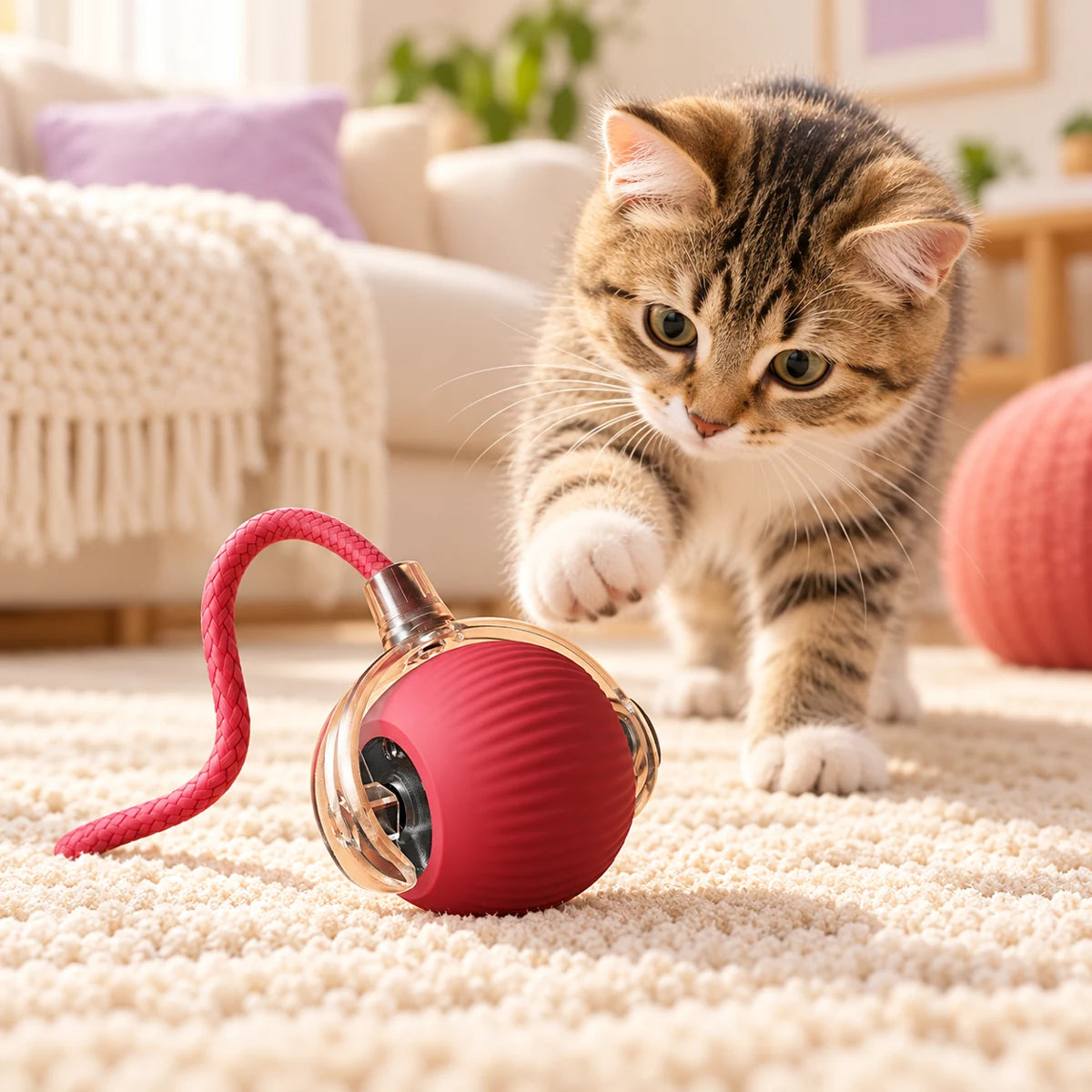 Pink ribbed rolling cat ball in a clear shell with braided pink tail in a supervised pet play scene