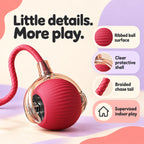 Pink ribbed rolling cat ball in a clear shell with braided pink tail with labeled product features
