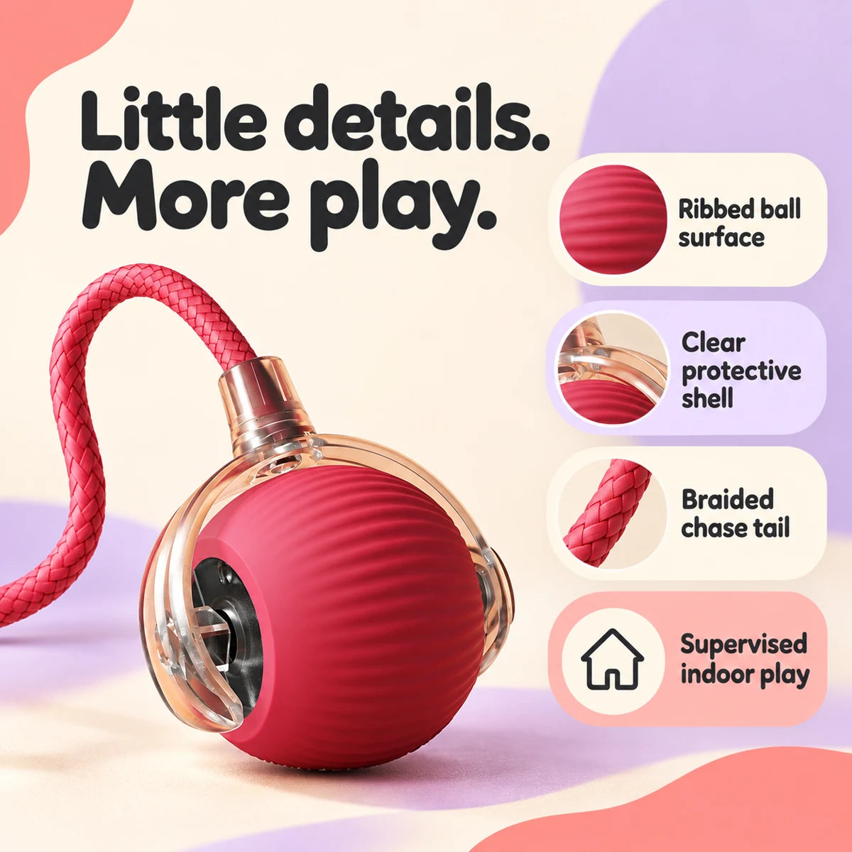 Pink ribbed rolling cat ball in a clear shell with braided pink tail with labeled product features