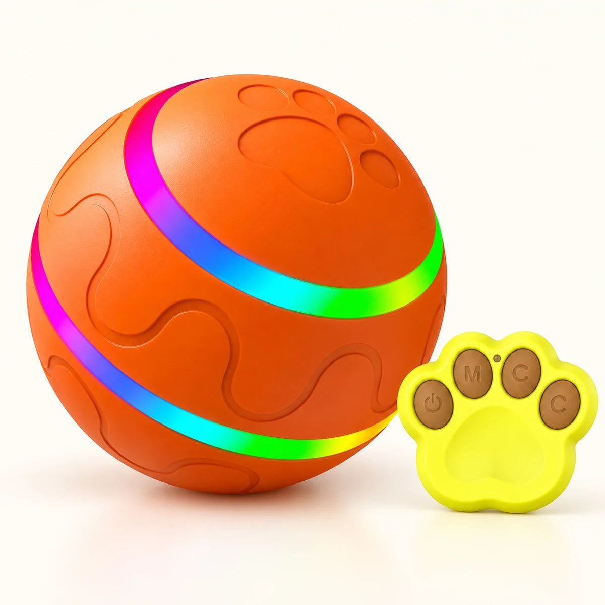Orange paw-patterned LED dog ball with two rainbow light bands and a yellow paw-shaped remote on a clean cream background