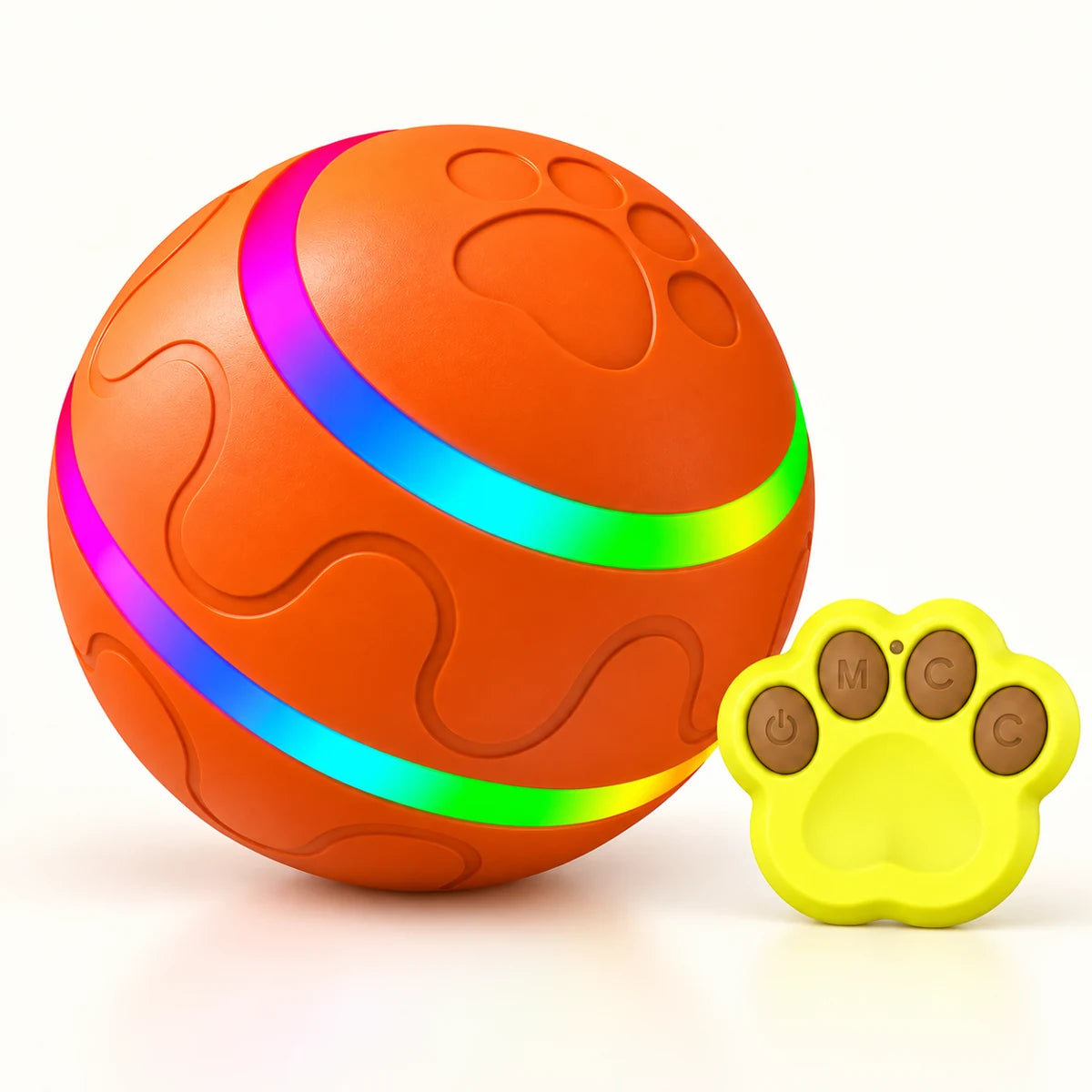 Orange USB rechargeable dog ball with paw-patterned shell, two rainbow LED bands and yellow paw-shaped remote