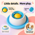 Blue and white rotating pet lick toy with yellow center ball with labeled product features