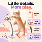 31 cm spring-mounted clear cat treat ball on a circular base with labeled product features