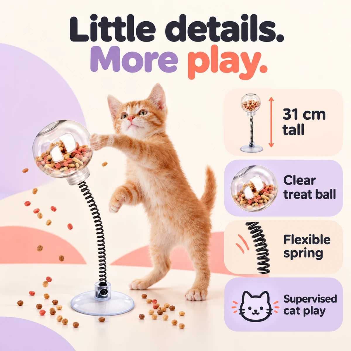 31 cm spring-mounted clear cat treat ball on a circular base with labeled product features
