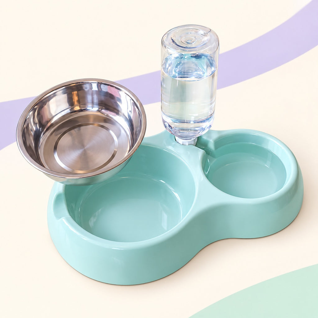 Stainless Steel Double Bowls with Automatic Water Feeder for Dogs and Cats
