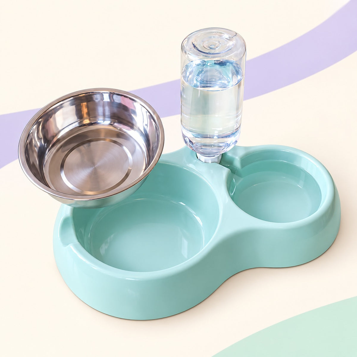 Stainless Steel Double Bowls with Automatic Water Feeder for Dogs and Cats