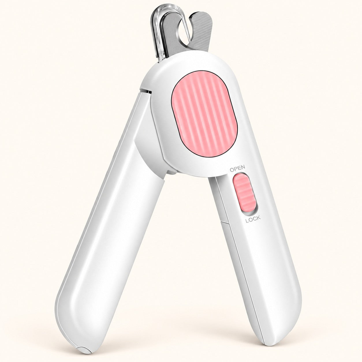 LED pet nail clippers with nail file on a clean background