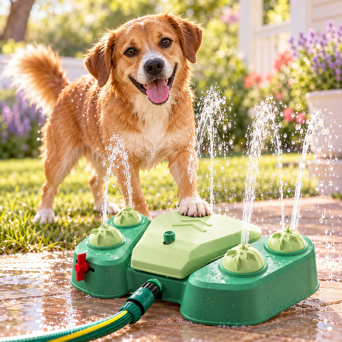 Summer Cooling Dog Water Toy – 2-in-1 Paw-Activated Drinking Fountain & Outdoor Sprinkler